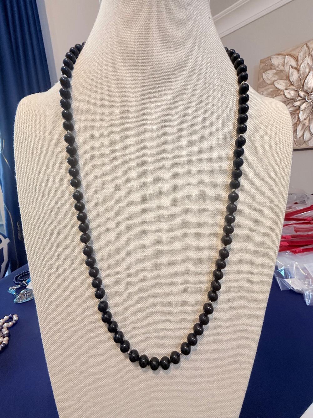 Vintage Black Beaded Statement Necklace 30” Classic Long Strand